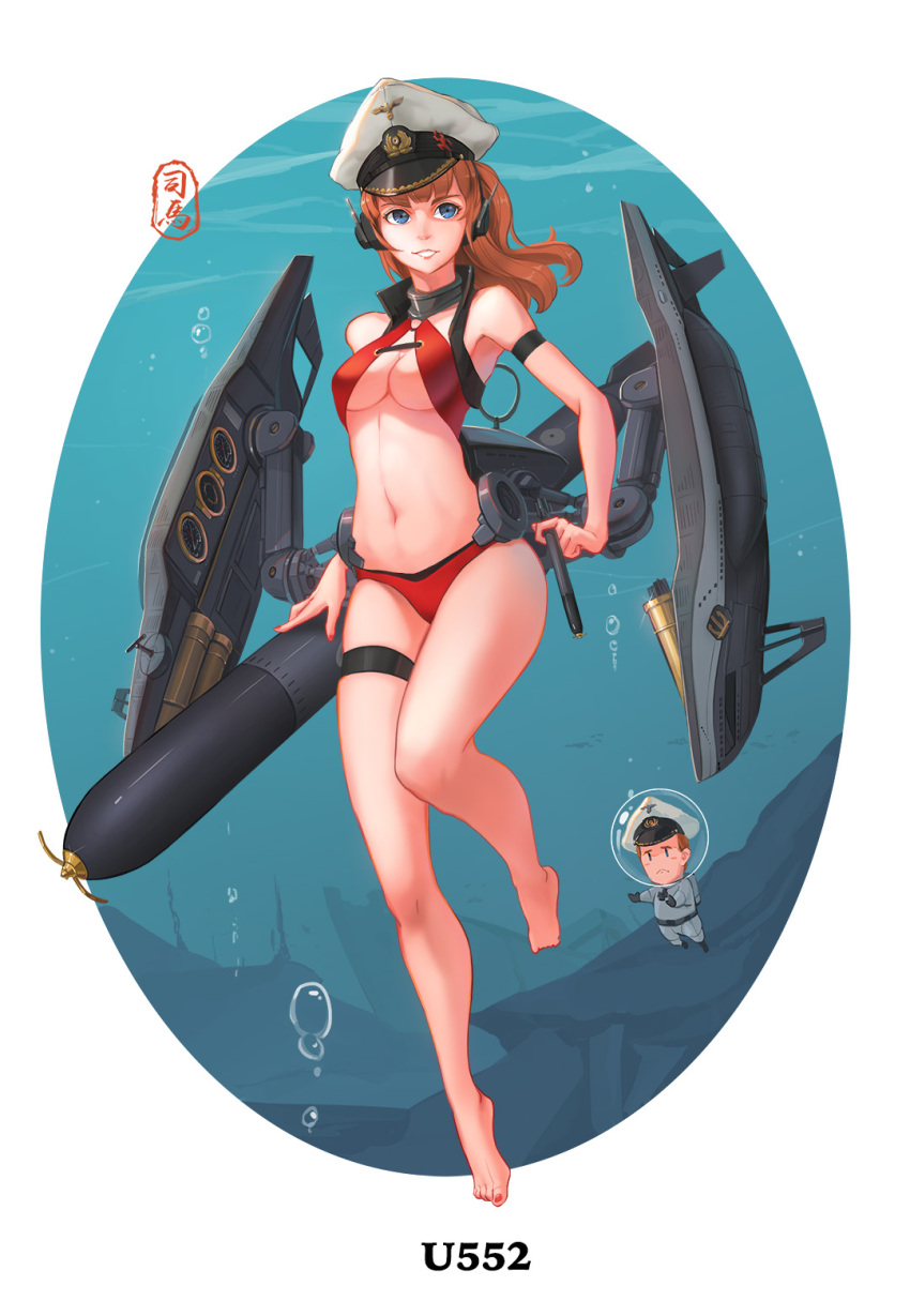 arm_strap artist_signature barefoot blue_eyes character_name commentary_request fairy_(kantai_collection) hat highres holding holding_weapon orange_hair pacific peaked_cap ponytail red_swimsuit rigging sima_naoteng skindentation smile swimsuit teeth thigh_strap torpedo u-552_(pacific) underwater weapon
