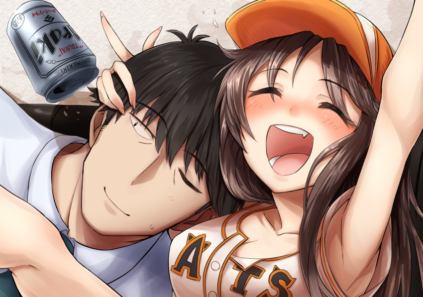 1boy 1girl ^_^ alcohol arm_up armpits baseball_cap baseball_jersey beer beer_can black_hair brown_hair can closed_eyes drunk fang hair_ornament hairclip hand_on_head hat head_on_shoulder himekawa_yuki idolmaster idolmaster_cinderella_girls jersey morino_shoutarou necktie one_eye_closed open_mouth producer_(idolmaster_cinderella_girls_anime) smile