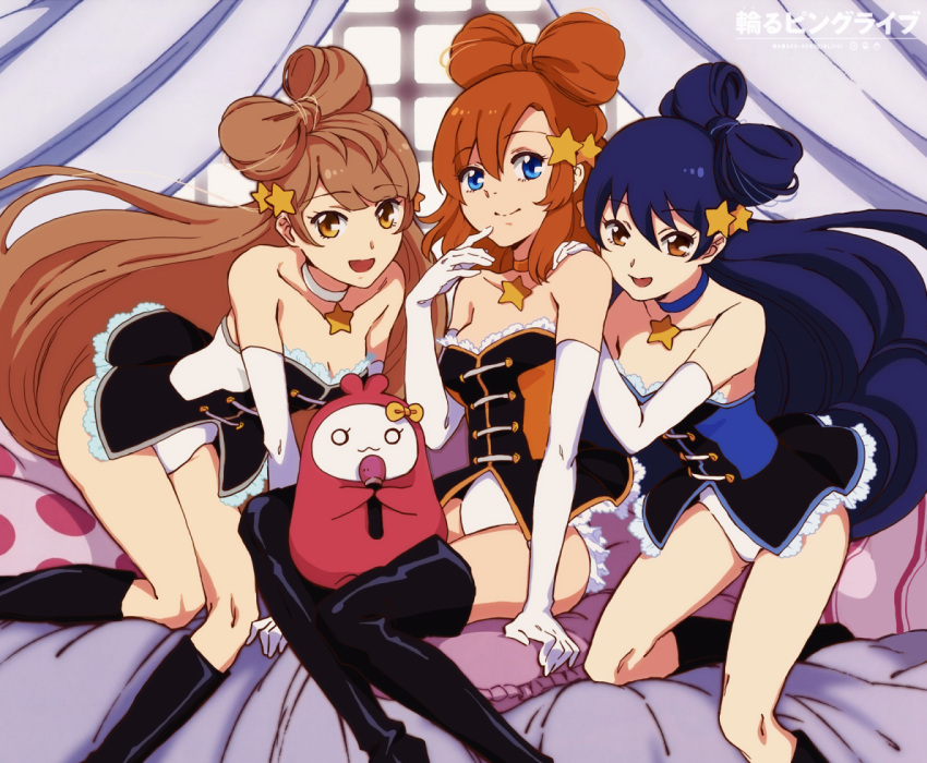 3girls :d arm_support black_boots black_legwear blue_eyes blue_hair boots breasts brown_eyes brown_hair choker collarbone cosplay_request derivative_work eyebrows_visible_through_hair floating_hair gloves hair_between_eyes hair_ornament hand_on_another's_shoulder indoors knee_boots kneehighs kousaka_honoka leotard long_hair love_live! love_live!_school_idol_project mawaru_penguindrum medium_breasts minami_kotori multiple_girls open_mouth pillow purin_(purin0) sitting smile sonoda_umi star star_hair_ornament strapless strapless_leotard thigh-highs thigh_boots very_long_hair white_gloves white_leotard window