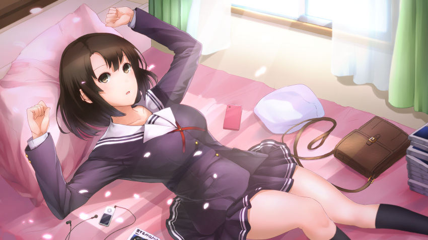 1girl bed_sheet bedroom black_hair black_jacket black_legwear black_skirt breasts brown_eyes collarbone highres indoors jacket katou_megumi kneehighs looking_at_viewer lying medium_breasts minami_koyogi miniskirt on_back parted_lips pillow pleated_skirt saenai_heroine_no_sodatekata see-through shirt short_hair skirt solo white_shirt window