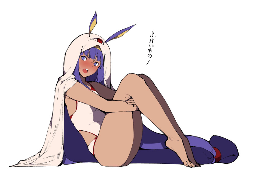1girl barefoot blush commentary_request dark_skin fate/grand_order fate_(series) hairband highres knees_up long_hair looking_at_viewer nitocris_(fate/grand_order) open_mouth purple_hair sitting swimsuit thick_thighs thighs translation_request violet_eyes white_background zikataro