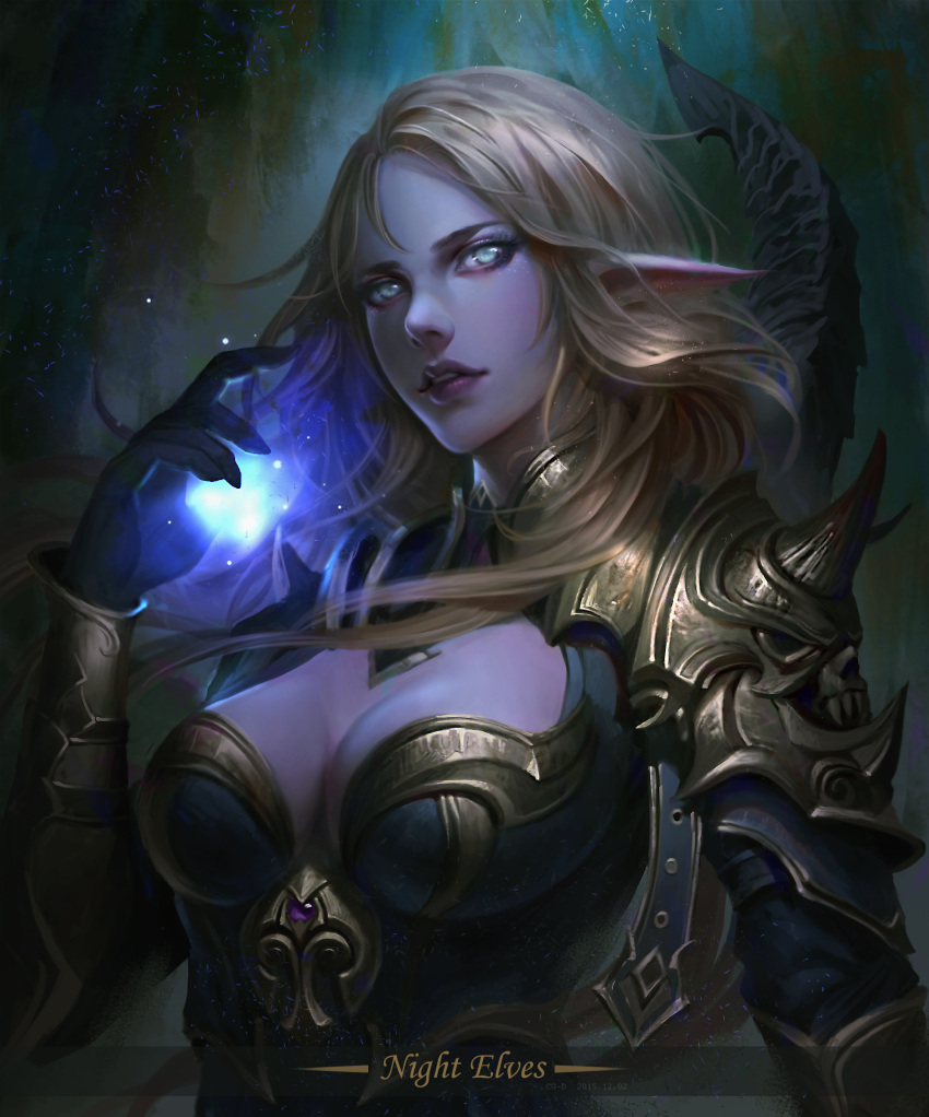 1girl absurdres armor artist_name bangs blue_eyes breastplate breasts cg-d character_name cleavage dark_background dated elf gem gloves highres long_hair looking_at_viewer magic original parted_lips pointy_ears shoulder_pads shoulder_spikes skull solo spikes watermark