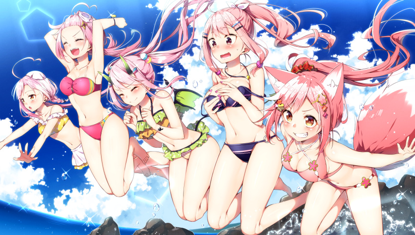 5girls ahoge animal_ears beach bikini blue_sky blush breasts clenched_teeth closed_eyes clouds day eggshell fox_ears fox_girl fox_tail frilled_bikini frills hair_ornament hairclip highres horns hoshino_(sakuragi_ren) jumping long_hair looking_to_the_side medium_breasts multiple_girls ocean oni_horns open_mouth original outdoors pink_bikini pink_eyes pink_hair ponytail rei_(sakuragi_ren) sakura_mochi_(sakuragi_ren) sakuragi_ren shiiha_(sakuragi_ren) sky small_breasts smile strap_slip sunlight swimsuit tail tamako_(sakuragi_ren) teeth twintails water yellow_eyes