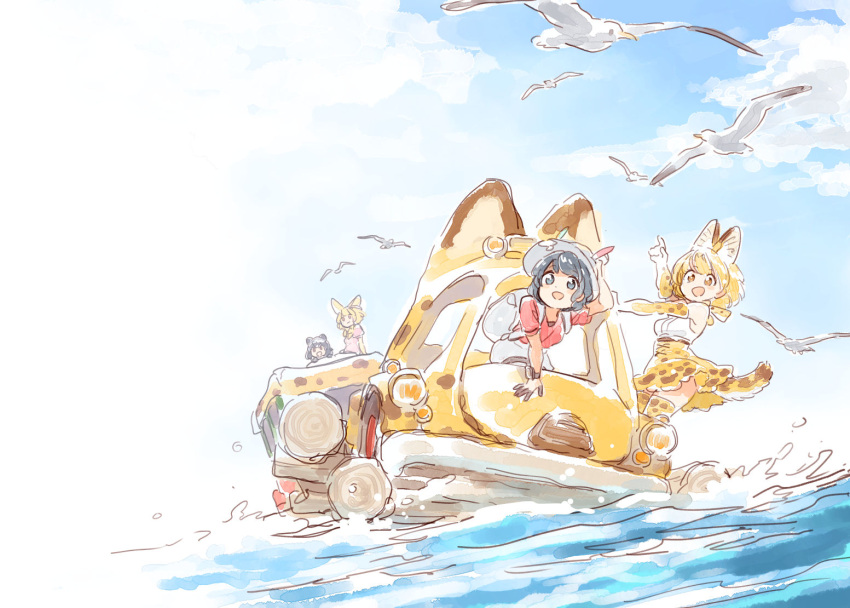 4girls animal_ears backpack bag bird black_hair blonde_hair bow bowtie bucket_hat common_raccoon_(kemono_friends) cross-laced_clothes elbow_gloves eyebrows_visible_through_hair fennec_(kemono_friends) fox_ears gloves hat hat_feather high-waist_skirt japari_bus kaban_(kemono_friends) kemono_friends logo mitsumoto_jouji multiple_girls ocean open_mouth pointing raccoon_ears red_shirt sailing seagull serval_(kemono_friends) serval_ears serval_print serval_tail shirt short_hair short_sleeves shorts skirt sky sleeveless sleeveless_shirt smile splashing striped_tail tail wavy_hair
