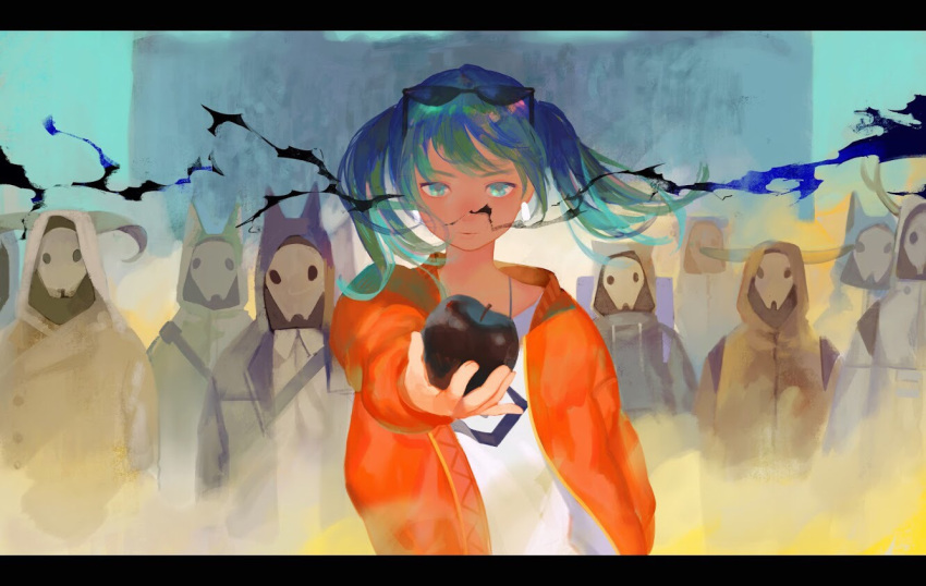 1girl abstract alternate_hair_length alternate_hairstyle antlers apple aqua_eyes aqua_hair food fruit hatsune_miku hood horns letterboxed looking_at_viewer mask muted_color outstretched_hand satomatoma short_twintails suna_no_wakusei_(vocaloid) sunglasses sunglasses_on_head twintails vocaloid