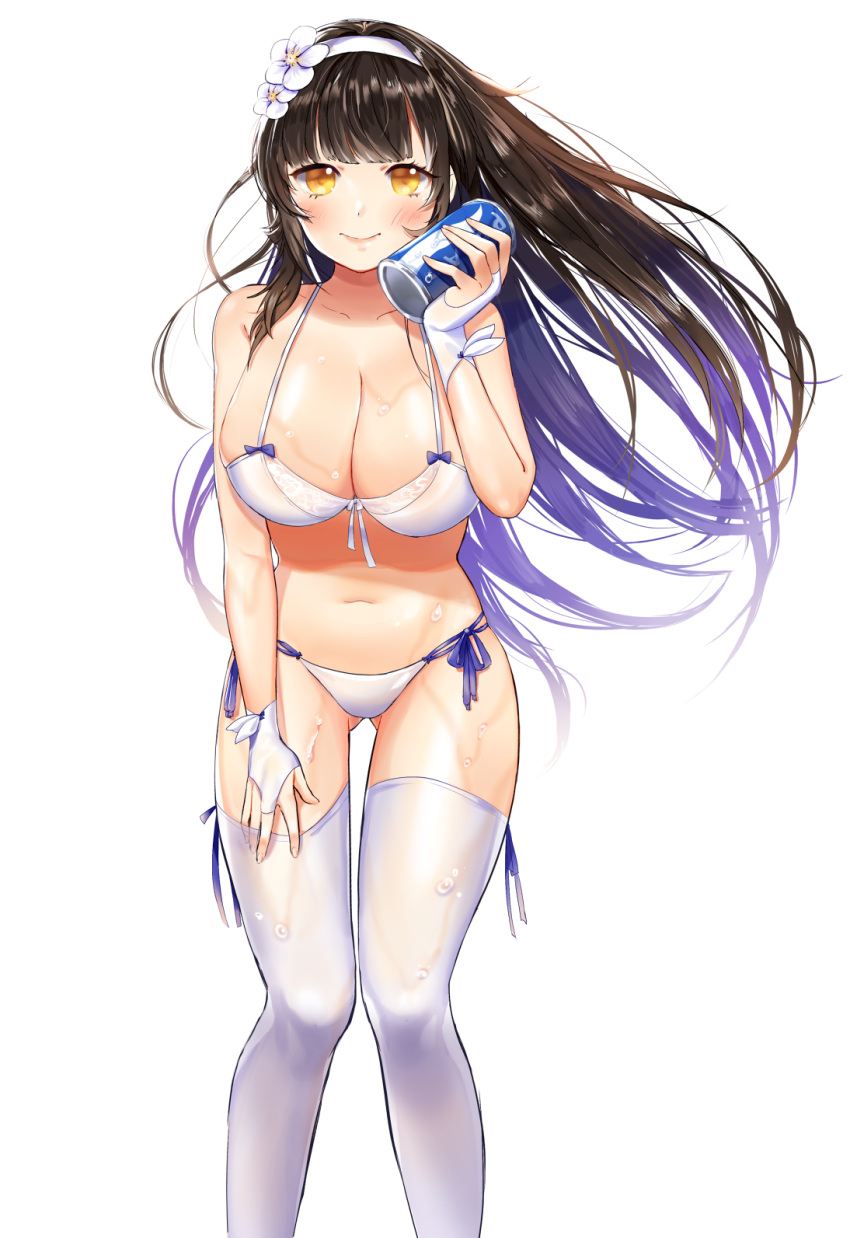 1girl bikini black_hair blush breasts can cleavage closed_mouth collarbone flower girls_frontline hair_flower hair_ornament hairband highres holding_soda_can large_breasts leaning_forward long_hair looking_at_viewer qbz-95_(girls_frontline) shorarung side-tie_bikini smile soda_can solo standing swimsuit thigh-highs wet white_bikini white_hairband white_legwear yellow_eyes