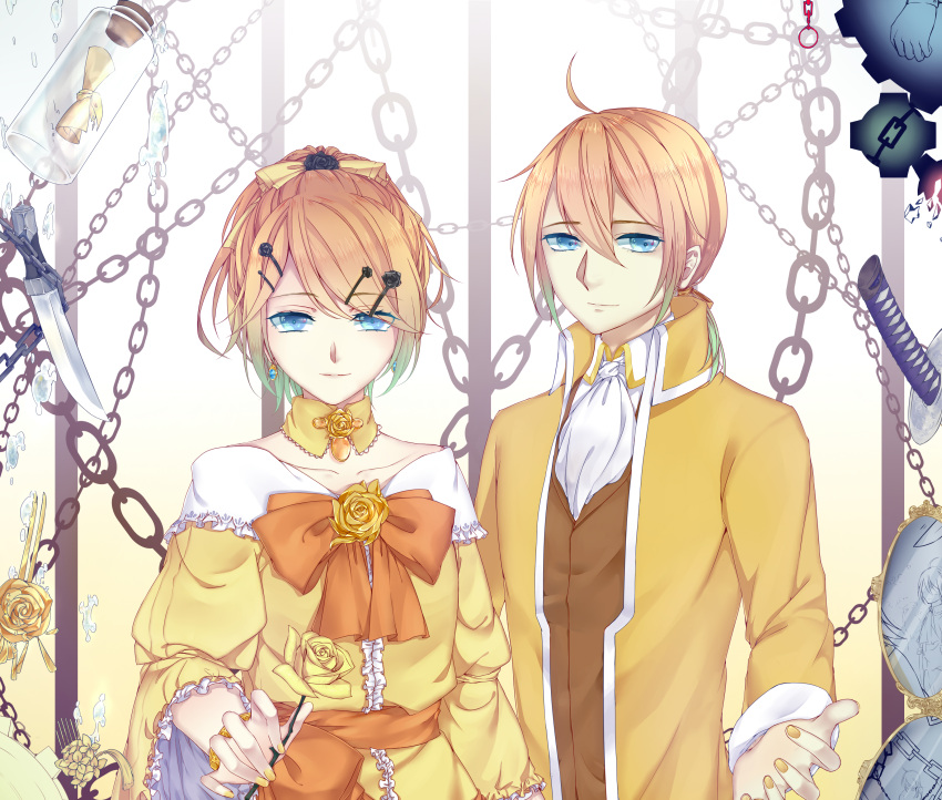1boy 1girl absurdres ahoge aku_no_meshitsukai_(vocaloid) aku_no_musume_(vocaloid) allen_avadonia blonde_hair blue_eyes bracelet brother_and_sister chains dress earrings evillious_nendaiki flower gradient_hair hair_flower hair_ornament hair_ribbon hairpin highres jacket jewelry kagamine_len kagamine_rin katana knife long_sleeves looking_at_viewer message_in_a_bottle mirror multicolored_hair nail_polish popped_collar re_birthday_(vocaloid) regret_message_(vocaloid) ribbon riliane_lucifen_d'autriche rose short_hair siblings smile sword twins vest vocaloid weapon yellow_nails yellow_rose