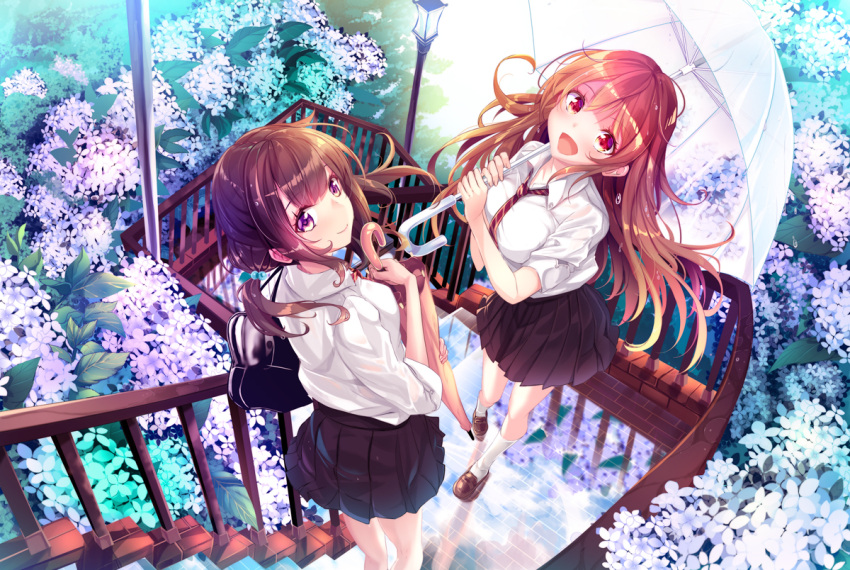 2girls :d bag bangs black_skirt blouse brown_eyes brown_hair closed_mouth eyebrows_visible_through_hair floating_hair flower hand_up haruka_natsuki holding holding_umbrella kneehighs lantern long_hair looking_at_viewer low_twintails multiple_girls open_mouth original outdoors pleated_skirt railing reflection school_bag school_uniform shoulder_bag sidelocks skirt sleeves_rolled_up smile stairs standing twintails umbrella very_long_hair violet_eyes white_blouse white_legwear wisteria