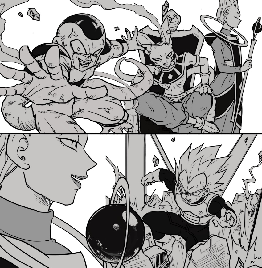 3boys beerus closed_eyes dragon_ball dragon_ball_z_fukkatsu_no_f dragonball_z egyptian_clothes frieza hand_on_own_face highres legs_crossed looking_at_viewer looking_away monochrome multiple_boys nervous outstretched_hand simple_background staff super_saiyan_blue throne tkgsize vegeta whis white_background