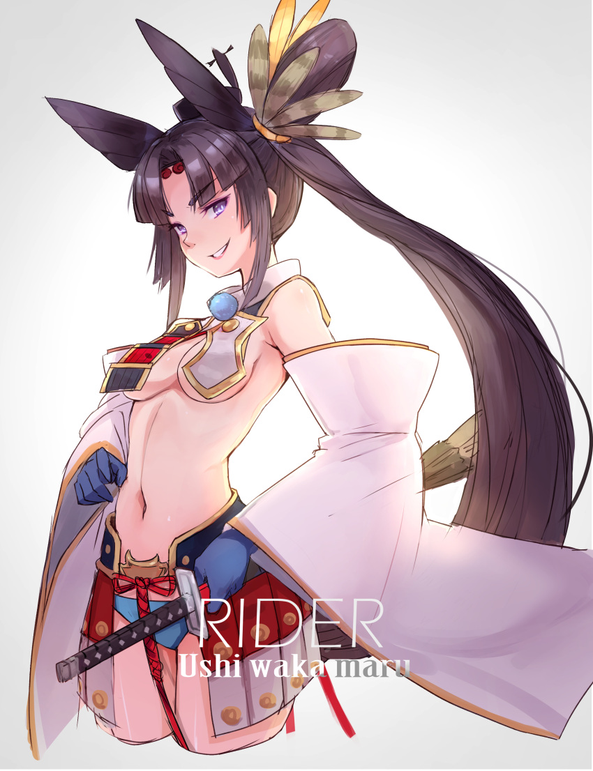 absurdres armor black_hair blue_eyes blue_gloves breasts cleavage detached_sleeves fate/grand_order fate_(series) gloves grin highres katana long_hair navel sawawse sheath sheathed side_ponytail simple_background smile sword under_boob ushiwakamaru_(fate/grand_order) weapon white_background