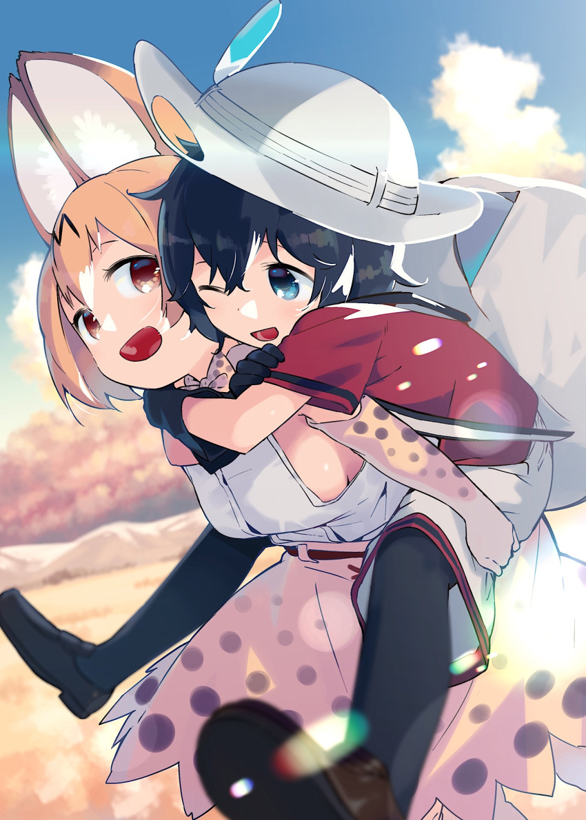 animal_ears backpack bag black_gloves black_hair black_legwear blonde_hair blue_eyes blue_sky blurry breasts bucket_hat carrying clouds commentary_request day depth_of_field gloves grey_hat hair_between_eyes hat hat_feather highres hug hug_from_behind kaban_(kemono_friends) kemono_friends light_particles medium_breasts mizu_asato one_eye_closed open_mouth outdoors print_bowtie print_gloves print_skirt red_shirt ribbon-trimmed_skirt ribbon_trim serval_(kemono_friends) serval_ears serval_print shirt shoes short_hair short_sleeves shorts skirt sky sleeveless sleeveless_shirt standing white_shirt yellow_eyes