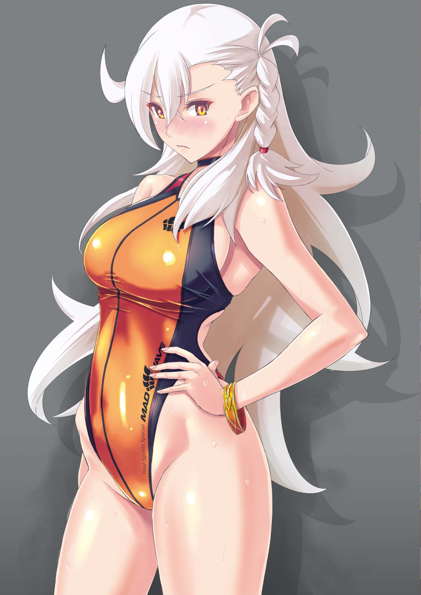 1girl absurdres asymmetrical_bangs bangs black_swimsuit blush bracelet braid breasts brown_eyes closed_mouth competition_swimsuit cowboy_shot drop_shadow eyebrows_visible_through_hair fate/grand_order fate_(series) grey_background hair_between_eyes hand_on_hip highleg highleg_swimsuit highres hips jewelry large_breasts light_frown long_hair looking_at_viewer nenchi nose_blush olga_marie_animusphere one-piece_swimsuit orange_swimsuit shadow side_braid sideboob simple_background solo swimsuit thighs very_long_hair wet white_hair