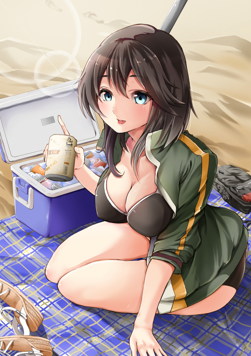 1girl ass bag beach beach_towel beach_umbrella beer beer_can black_hair black_swimsuit blue_eyes blush breasts can collarbone green_jacket hair_between_eyes hayasui_(kantai_collection) highres holding holding_can ice_box jacket kantai_collection kneeling large_breasts lips looking_at_viewer looking_up open_mouth sand sandals_removed sezoku short_hair solo swimsuit towel twisted_torso umbrella