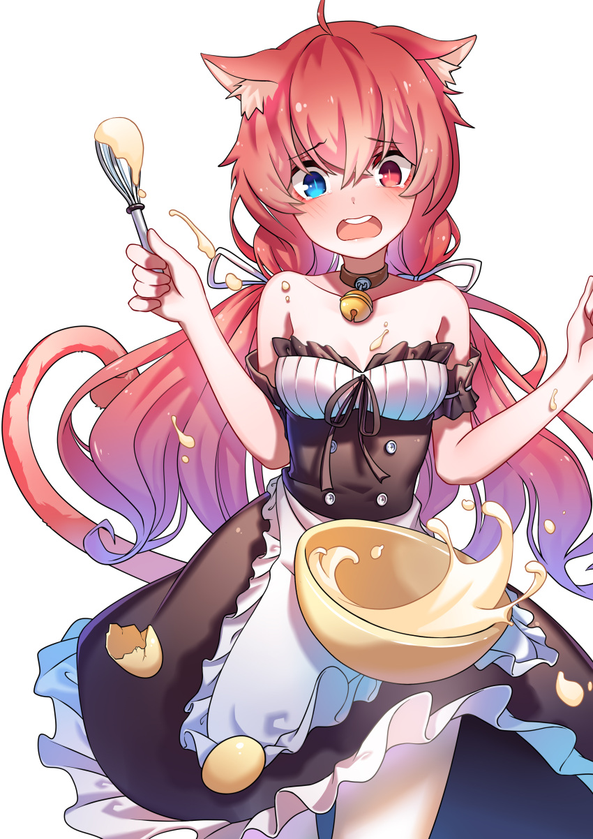 1girl absurdres animal_ears apron bare_shoulders bell bell_collar blue_eyes blush bowl cat_ears catgirl collar de_da_xianyu egg heterochromia highres long_hair maid maid_apron open_mouth original pink_hair red_eyes solo tail teeth transparent_background whisk