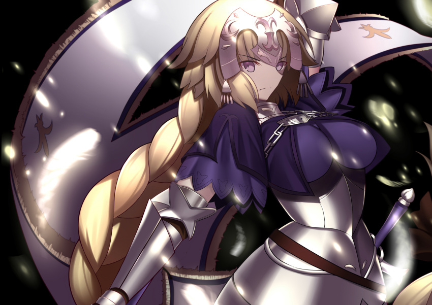 1girl absurdres blonde_hair blue_eyes braid breasts chains cowter fate/apocrypha fate/grand_order fate_(series) gauntlets gorget headpiece highres large_breasts long_hair looking_at_viewer paperfinger plackart ruler ruler_(fate/apocrypha) serious single_braid solo