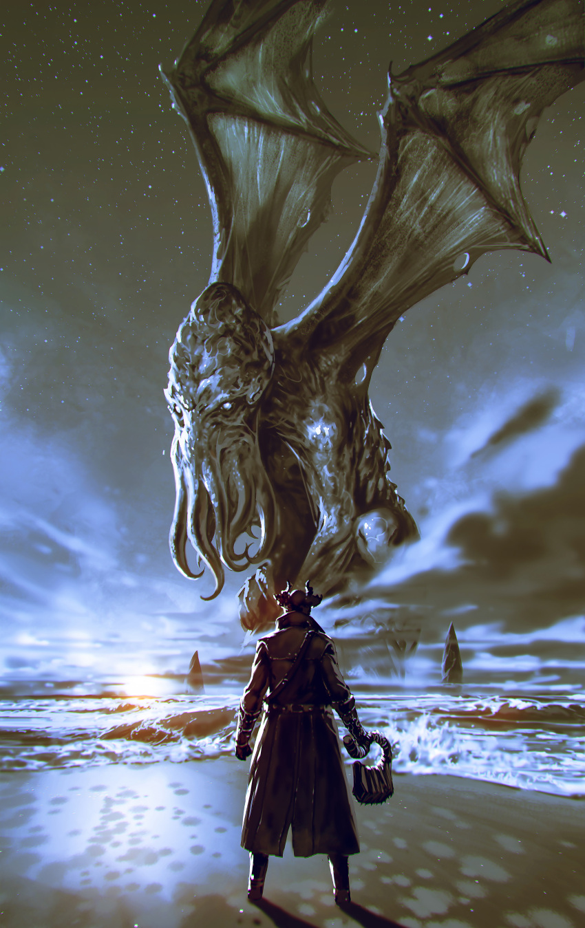 1other absurdres ambiguous_gender beach bloodborne brown_coat brown_headwear coat crossover cthulhu cthulhu_mythos facing_away from_behind full_body giant hat highres holding holding_weapon hunter_(bloodborne) kalmahul looking_at_another night night_sky ocean saw_cleaver sky standing star_(sky) starry_sky sunset tentacles tricorne weapon wings