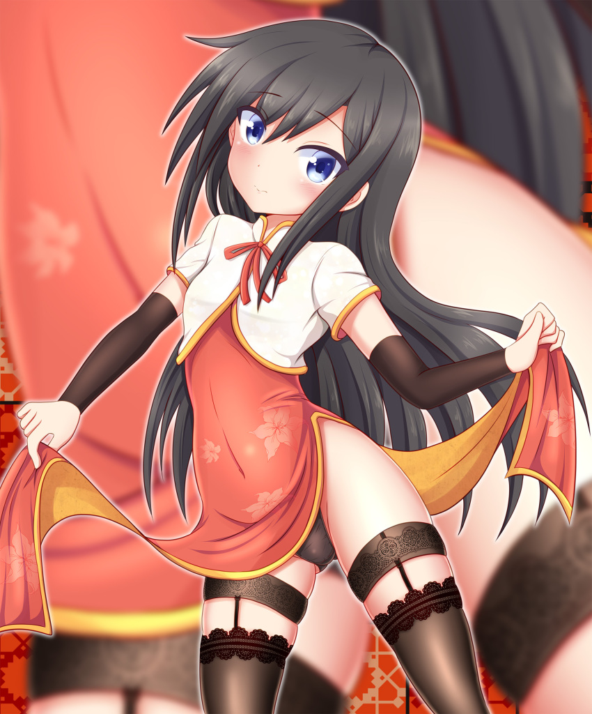 1girl absurdres adapted_costume arm_warmers asashio_(kantai_collection) black_hair black_legwear black_panties blue_eyes capelet china_dress chinese_clothes commentary_request dress dress_lift garter_straps highres kantai_collection lace long_hair looking_at_viewer panties pantyshot pantyshot_(standing) red_dress remodel_(kantai_collection) solo standing tamayan thigh-highs underwear zoom_layer