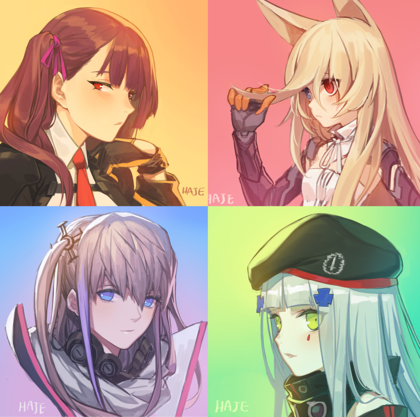 4girls absurdres animal_ears artist_name bangs beret black_gloves blonde_hair blue_eyes blunt_bangs blush breasts brown_hair closed_mouth eyebrows_visible_through_hair facial_mark g41_(girls_frontline) girls_frontline gloves gradient gradient_background green_background green_eyes hair_between_eyes hair_ornament hair_ribbon haje hand_up hat heterochromia highlights highres hk416_(girls_frontline) holding holding_hair jacket light_smile long_hair looking_at_viewer multicolored_hair multiple_girls necktie one_side_up orange_background parted_lips pink_background portrait purple_hair purple_ribbon red_eyes red_necktie ribbon sidelocks signature silver_hair sketch small_breasts st_ar-15_(girls_frontline) teardrop two_side_up upper_body wa2000_(girls_frontline)