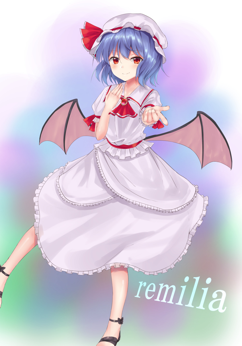 1girl absurdres blush character_name closed_mouth eyebrows_visible_through_hair hat highres lavender_hair looking_at_viewer mob_cap phano_(125042) red_eyes remilia_scarlet short_hair short_sleeves smile solo touhou wings