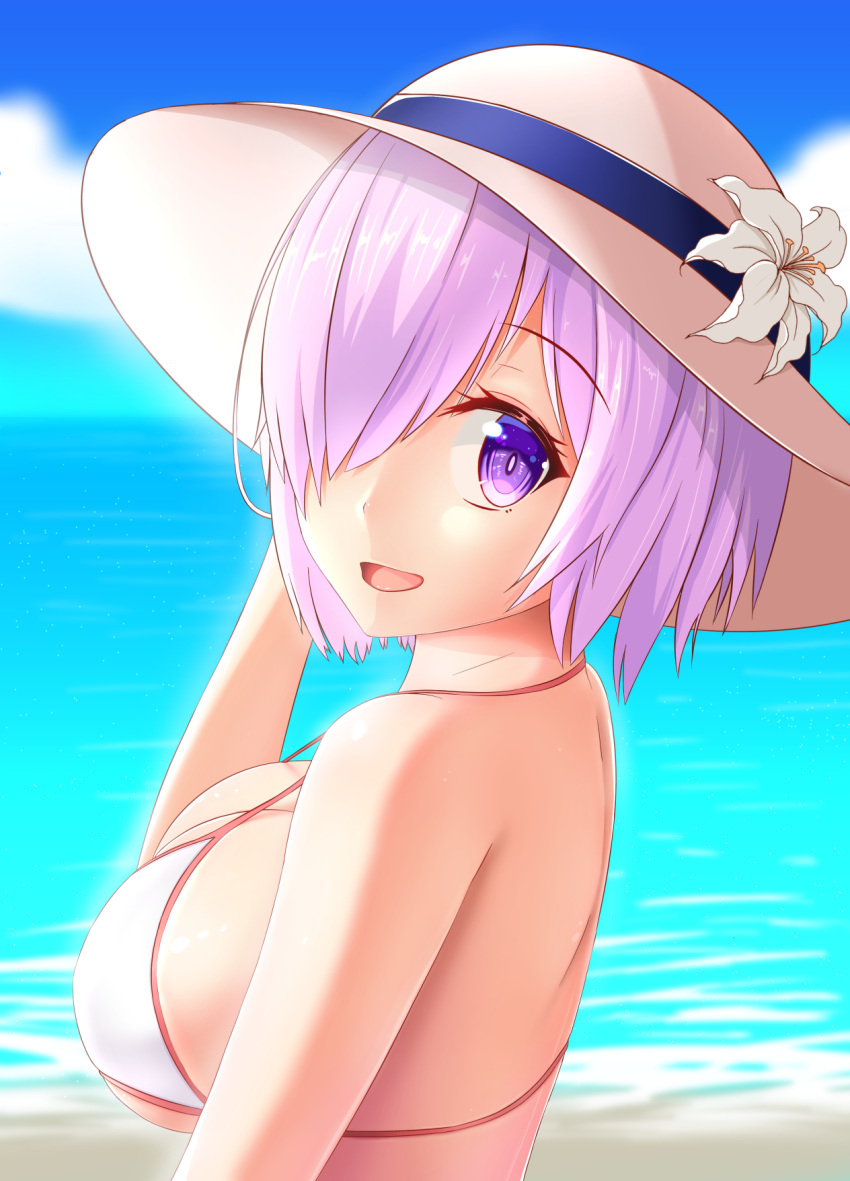 1girl beach blue_sky breasts clouds commentary_request damao_yu day eyebrows_visible_through_hair fate/grand_order fate_(series) flower from_side hair_over_one_eye hat hat_flower highres large_breasts looking_at_viewer looking_back ocean outdoors purple_hair revision shielder_(fate/grand_order) short_sleeves sky solo upper_body violet_eyes water white_bikini_top