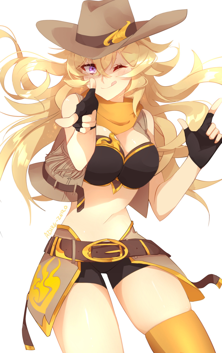 1girl azure-zer0 bandanna belt_buckle blonde_hair breasts buckle cleavage cowboy_hat fingerless_gloves gloves hat highres large_breasts one_eye_closed pointing pointing_at_viewer rwby shorts sleeveless_jacket solo violet_eyes western yang_xiao_long