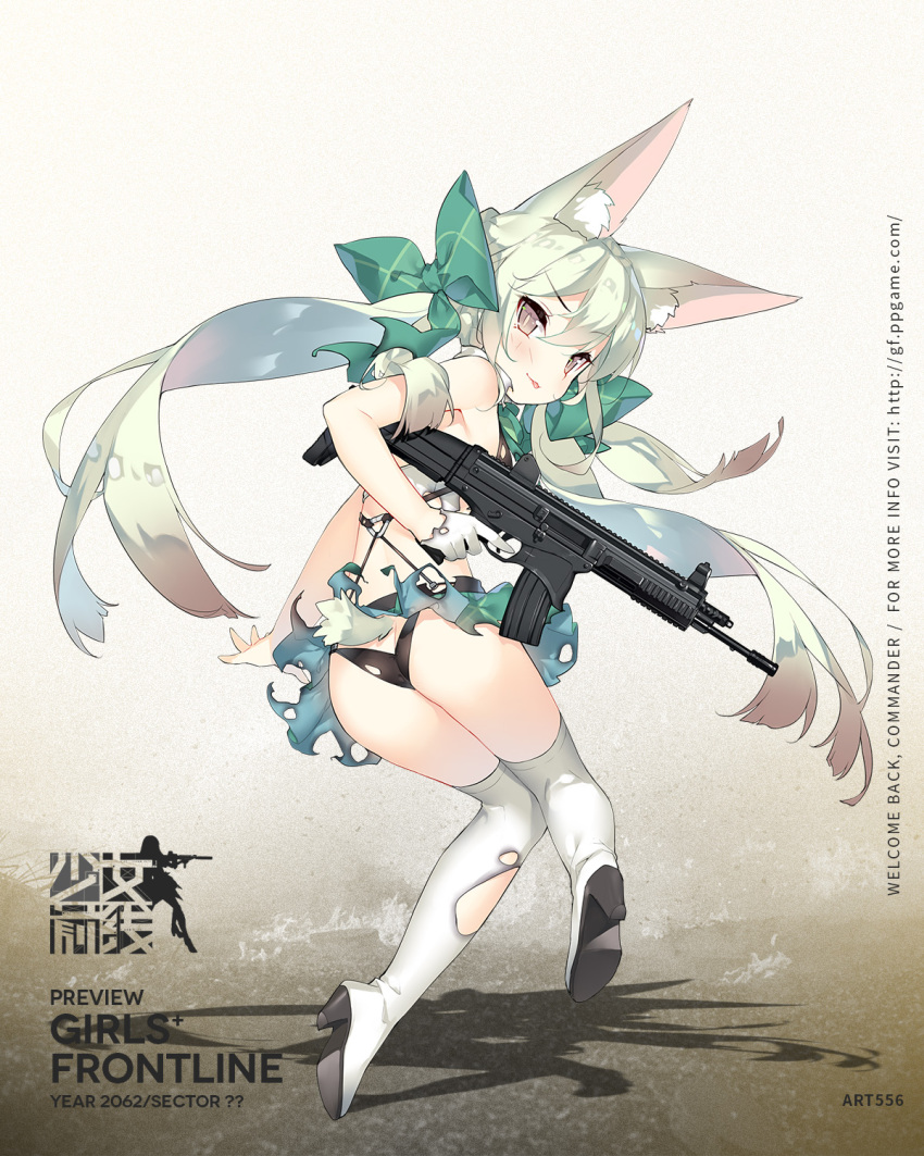 &gt;:) &gt;:p 1girl :p animal_ears art556_(girls_frontline) ass assault_rifle bangs black_panties blush boots bow brown_eyes closed_mouth eyebrows_visible_through_hair floating_hair from_behind girls_frontline gloves green_bow green_hair green_ribbon gun hair_between_eyes hair_bow hair_ribbon high_heel_boots high_heels highres holding holding_gun holding_weapon knees_together_feet_apart long_hair looking_at_viewer looking_back over-kneehighs panties ribbon rifle saru shadow shiny shiny_hair smile solo thigh-highs thigh_boots thighs tongue tongue_out torn_clothes torn_thighhighs trigger_discipline twintails underwear weapon white_gloves white_legwear