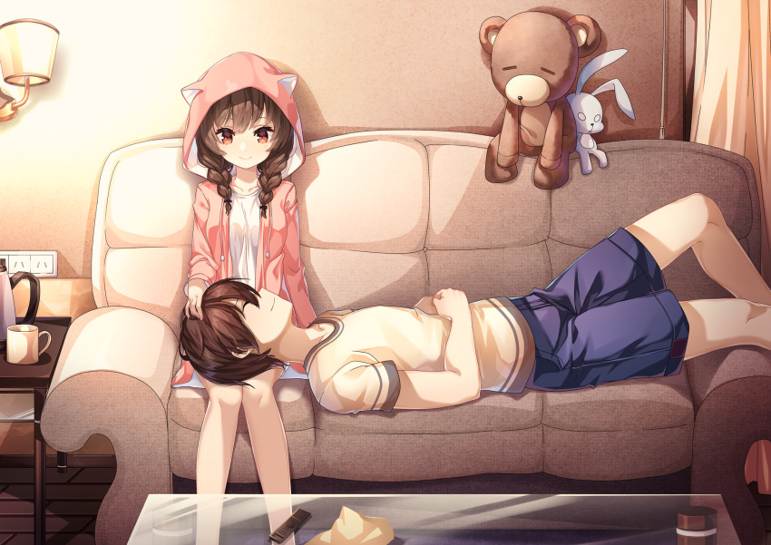 1boy 1girl bangs blush braid brown_eyes brown_hair closed_eyes closed_mouth coffee_table couch cup de_da_xianyu eyebrows_visible_through_hair hand_on_own_stomach highres hood hood_up hoodie indoors kettle lap_pillow living_room long_hair looking_at_another lying mug on_back on_couch open_clothes open_hoodie original sitting smile stuffed_animal stuffed_bunny stuffed_toy teddy_bear twin_braids