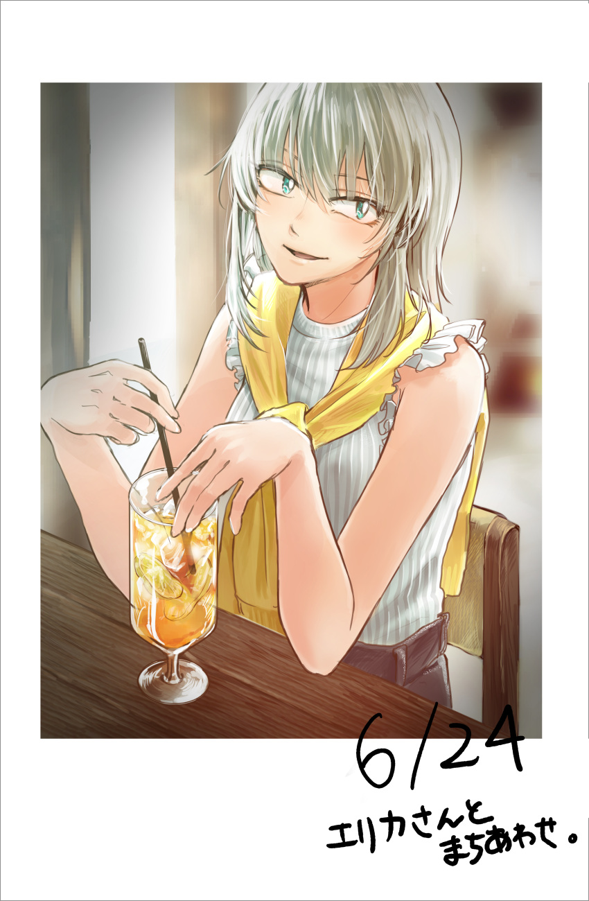 1girl absurdres belt blue_eyes blurry casual chair comic commentary_request dated depth_of_field girls_und_panzer glass grey_hair highres itsumi_erika kani_aruki_(bucket_crawl) long_hair open_mouth photo_(object) polaroid scarf shirt sidelocks sitting sleeveless sleeveless_shirt smile solo stirring table translation_request