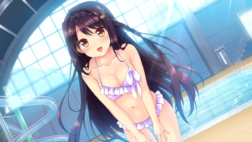 1girl bangs bekotarou bikini black_hair blush braid breast_squeeze breasts brown_eyes cleavage collarbone dutch_angle french_braid game_cg hair_ornament highres long_hair looking_at_viewer musical_note navel open_mouth pool pure_song_garden! shimokuni_asuka smile solo swept_bangs swimsuit very_long_hair water_slide