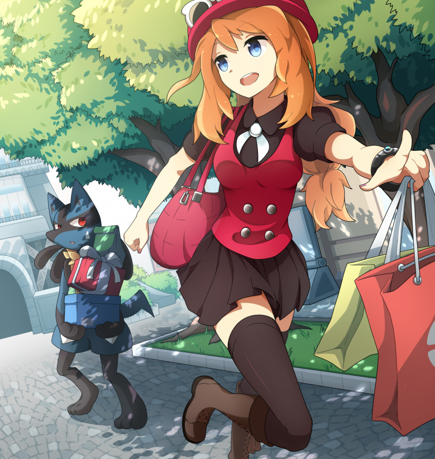 1girl :d black_legwear black_shirt black_skirt blue_eyes boots bracelet brown_boots day eyebrows_visible_through_hair happy hat highres holding_bag holding_gift index_finger_raised jewelry kent long_hair lucario miniskirt neck_ribbon one_leg_raised open_mouth orange_hair outdoors outstretched_arm pleated_skirt pokemon pokemon_(creature) pokemon_(game) pokemon_xy ponytail red_hat ribbon serena_(pokemon) shirt skirt smile thigh-highs tree upper_teeth white_ribbon zettai_ryouiki