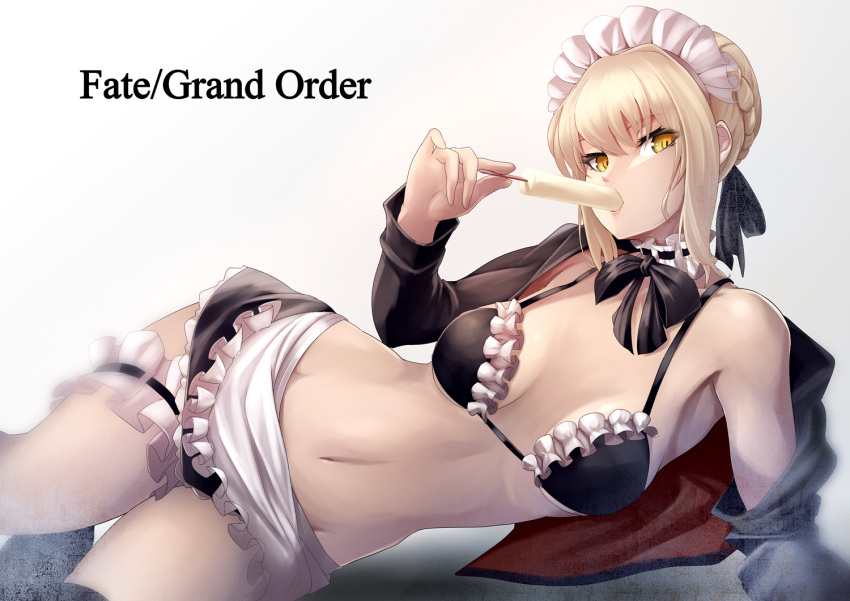 1girl apron artoria_pendragon_(all) bare_shoulders bikini blonde_hair braid eating fate/grand_order fate_(series) food hair_ribbon jacket lying maid_headdress on_side popsicle ribbon saber_alter solo sowel_(sk3) swimsuit thigh-highs thigh_strap white_background yellow_eyes