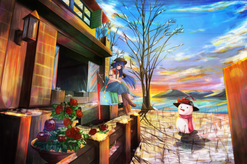 1girl bangs black_hat blue_hair blush boots bow bowtie brown_boots cross-laced_footwear cup flower food fruit full_body fuussu_(21-kazin) hat hinanawi_tenshi house lace-up_boots leaf legs_crossed long_hair long_skirt looking_at_viewer mug outdoors peach planted_sword planted_weapon puffy_short_sleeves puffy_sleeves red_bow red_bowtie red_eyes red_rose rose shirt short_sleeves sitting skirt smile snow snowman solo sword sword_of_hisou touhou weapon white_shirt