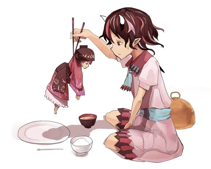 2girls black_hair bowl bowl_hat chopsticks food hat highres horns japanese_clothes kijin_seija kimono long_sleeves minigirl multicolored_hair multiple_girls needle obi plate pointy_ears puffy_short_sleeves puffy_sleeves purple_hair redhead reido1177 rice sash shirt short_hair short_sleeves simple_background sitting skirt soup streaked_hair sukuna_shinmyoumaru sweatdrop touhou white_background white_shirt wide_sleeves