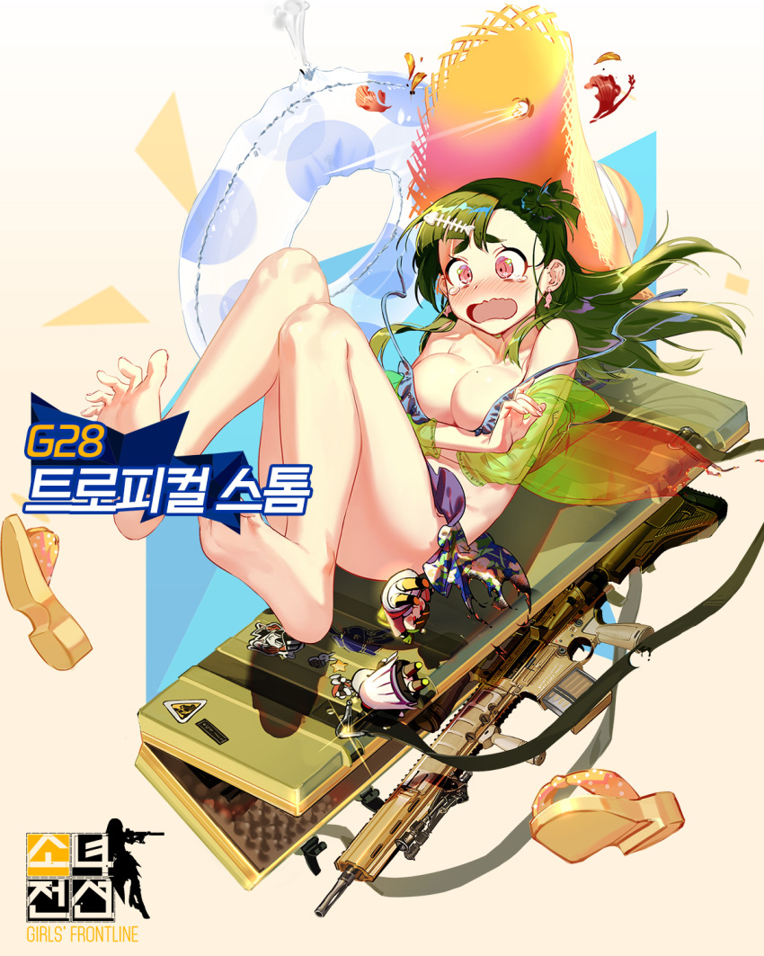 1girl ar-10 assault_rifle bare_legs barefoot battle_rifle bikini blush breast_hold breasts bullet_hole case cleavage collarbone crying crying_with_eyes_open earrings embarrassed fish_earrings floral_print frilled_bikini frills full_body g28_(girls_frontline) girls_frontline green_hair green_jacket gun gun_case hat hat_ribbon heckler_&amp;_koch highres hk416 hk416_(girls_frontline) hk417 innertube jacket jewelry korean long_hair mole mole_on_breast official_art one_side_up orange_eyes ribbon rifle sandals sandals_removed sticker straw_hat sun_hat swimsuit tearing_up tears transparent_jacket untied untied_bikini wavy_mouth weapon white_ribbon