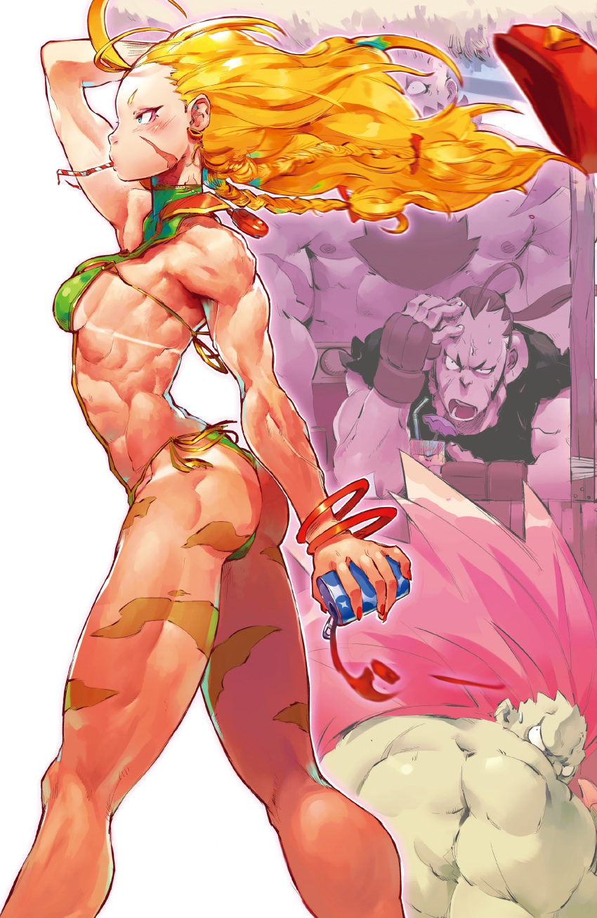 1girl 3boys absurdres ahoge alternate_hairstyle andrea_cofrancesco ass bangle beard beret bikini blanka blonde_hair blue_eyes blush bodypaint bracelet breasts cammy_white camouflage can chest_hair drinking_straw facial_hair green_bikini green_skin hair_down hat hat_removed headwear_removed hibiki_dan highres jewelry long_hair mouth_hold multiple_boys muscle orange_hair ponytail scar side-tie_bikini side_braids sideboob small_breasts soda_can solo_focus street_fighter sweatdrop swimsuit thick_thighs thighs toned walking wind wind_lift zangief