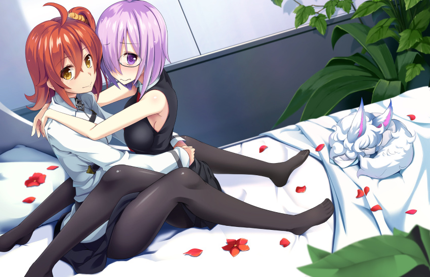 2girls 3: :&gt; ahoge arms_around_back bangs bed_sheet between_legs black-framed_eyewear black_dress black_legwear blanket blush breasts brown_hair closed_mouth dress dutch_angle eyebrows_visible_through_hair fate/grand_order fate_(series) fou_(fate/grand_order) fujimaru_ritsuka_(female) glasses hair_between_eyes hair_ornament hair_over_one_eye hair_scrunchie highres indoors large_breasts long_sleeves looking_at_viewer multiple_girls on_bed pantyhose petals pillow plant potted_plant purple_hair scrunchie semi-rimless_glasses shielder_(fate/grand_order) side_ponytail sideboob sidelocks sitting sleeveless sleeveless_dress smile under-rim_glasses uniform violet_eyes wapokichi yellow_eyes
