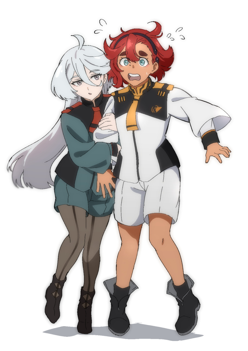 2girls ahoge black_hairband blue_eyes blush boots gundam gundam_suisei_no_majo hairband highres holding_another's_arm kkkkago long_hair medium_hair miorine_rembran multiple_girls necktie pantyhose redhead school_uniform shorts suletta_mercury sweatdrop white_background white_hair yuri