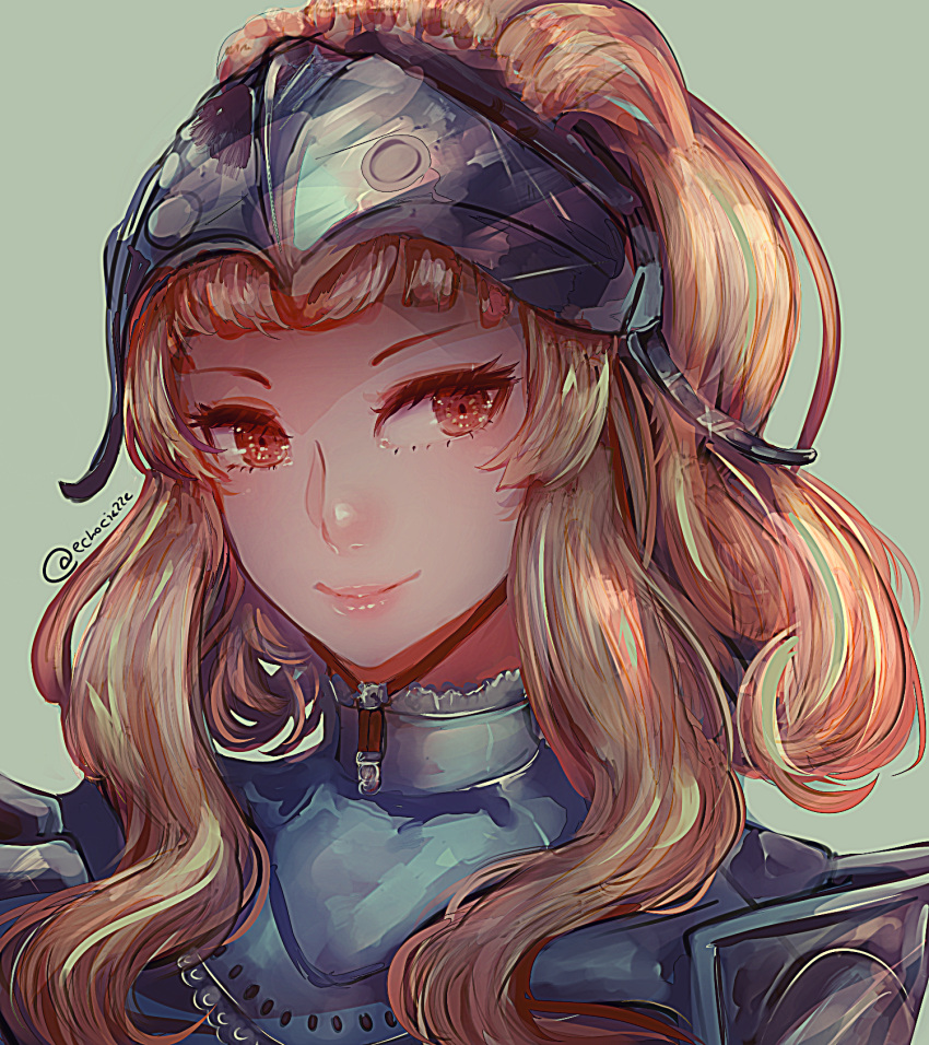 1girl armor blonde_hair clair_(fire_emblem) curly_hair fire_emblem fire_emblem_echoes:_mou_hitori_no_eiyuuou fire_emblem_gaiden headgear highres long_hair looking_at_viewer lumicakes portrait simple_background smile solo