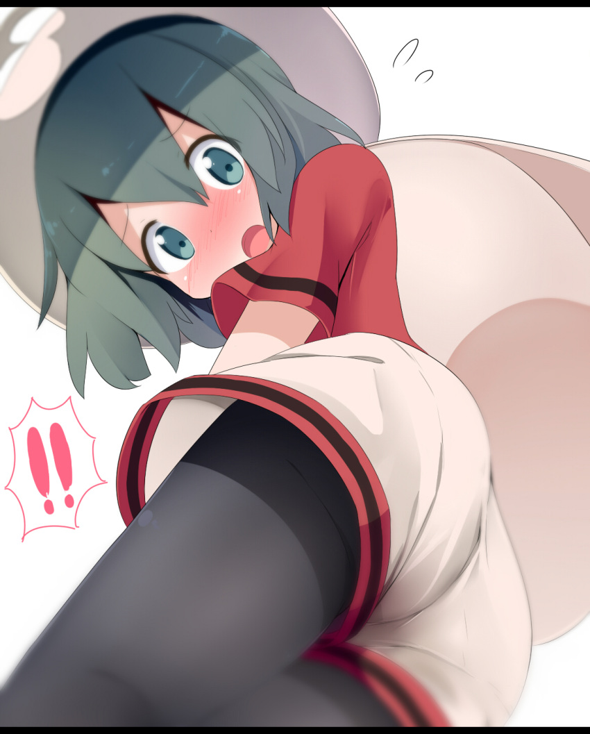 !! 1girl ass backpack bag black_legwear blurry blush commentary_request depth_of_field eyes_visible_through_hair flying_sweatdrops from_below green_eyes green_hair hair_between_eyes hat highres kaban_(kemono_friends) kemono_friends looking_at_viewer looking_down makuran open_mouth pantyhose pantyhose_under_shorts red_shirt shirt short_hair shorts simple_background solo white_background white_shorts