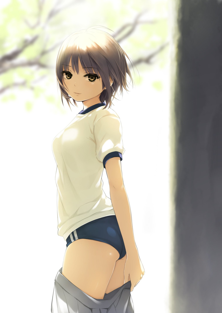 1girl ass bangs breasts brown_eyes brown_hair coffee-kizoku commentary_request day eyebrows_visible_through_hair gym_shorts gym_uniform highres holding holding_skirt looking_at_viewer medium_breasts original outdoors pleated_skirt shirt short_hair short_sleeves shorts sidelocks skirt skirt_pull smile solo tree tree_branch