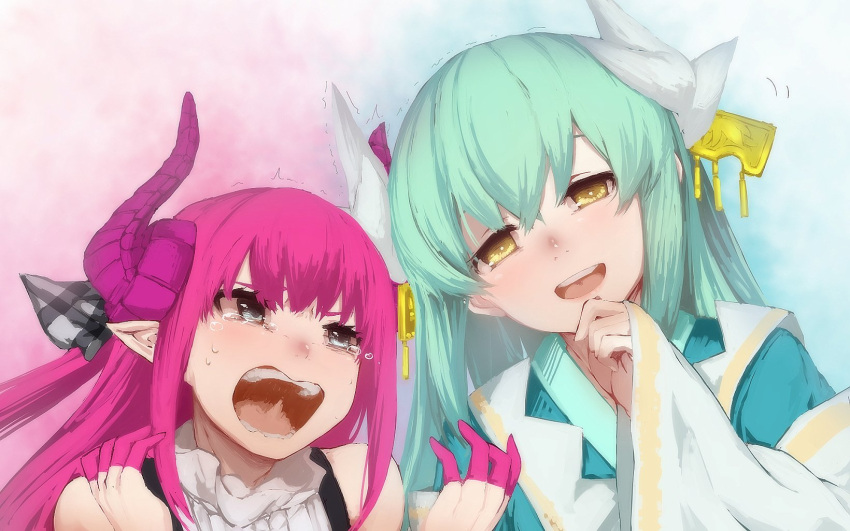 2girls aqua_hair bangs blue_eyes blush commentary_request crying fate/grand_order fate_(series) green_hair hair_between_eyes hair_ornament highres horns japanese_clothes kimono kiyohime_(fate/grand_order) lancer_(fate/extra_ccc) long_hair looking_at_another looking_at_viewer multiple_girls open_mouth pink_hair pointy_ears tears terimayo trembling yellow_eyes