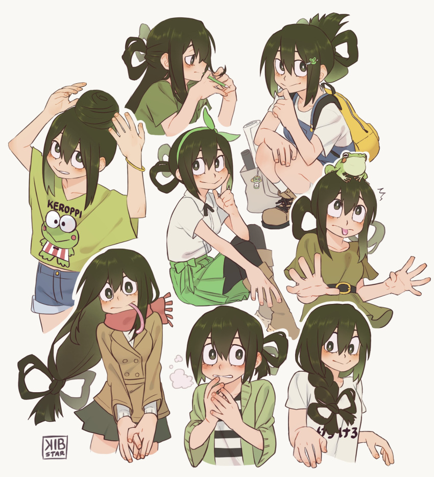 1girl alternate_costume alternate_hairstyle asui_tsuyu bag black_eyes blouse blush boku_no_hero_academia boots braid cardigan casual collared_shirt frog frog_girl green_hair grimmy666666 hair_bun hair_ornament hairband hairclip half-closed_eyes highres jacket keychain long_hair long_sleeves long_tongue looking_at_viewer on_head pantyhose pleated_skirt scarf shirt short_sleeves shorts simple_background sitting skirt smile solo_focus squatting striped striped_shirt suspenders tied_hair tongue tongue_out white_background white_shirt