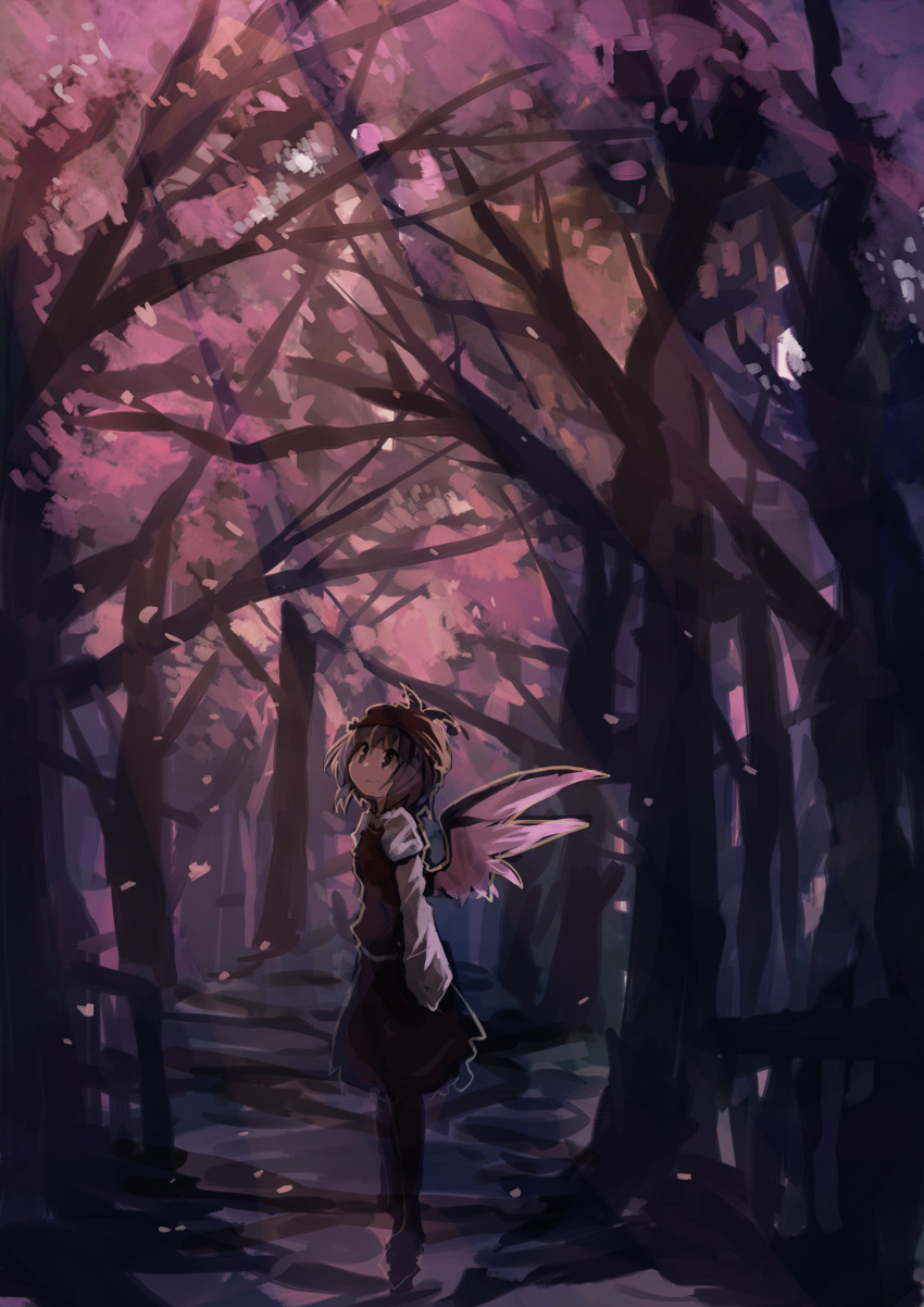 1girl absurdres bird_wings brown_hat brown_skirt forest full_body hat highres kaamin_(mariarose753) long_sleeves mystia_lorelei nature outdoors puffy_long_sleeves puffy_sleeves short_hair skirt skirt_set smile solo standing touhou tree wings