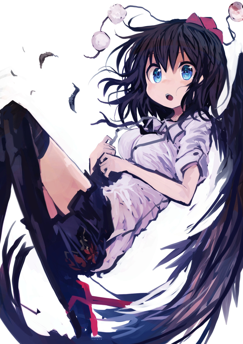 1girl :o absurdres bare_arms black_feathers black_hair black_legwear black_skirt black_wings blue_eyes breasts feathered_wings feathers geta hat highres kaamin_(mariarose753) large_breasts looking_at_viewer miniskirt over-kneehighs pom_pom_(clothes) puffy_short_sleeves puffy_sleeves red_shoes shameimaru_aya shirt shoes short_sleeves simple_background skirt solo tengu-geta thigh-highs tokin_hat touhou white_background white_shirt wings