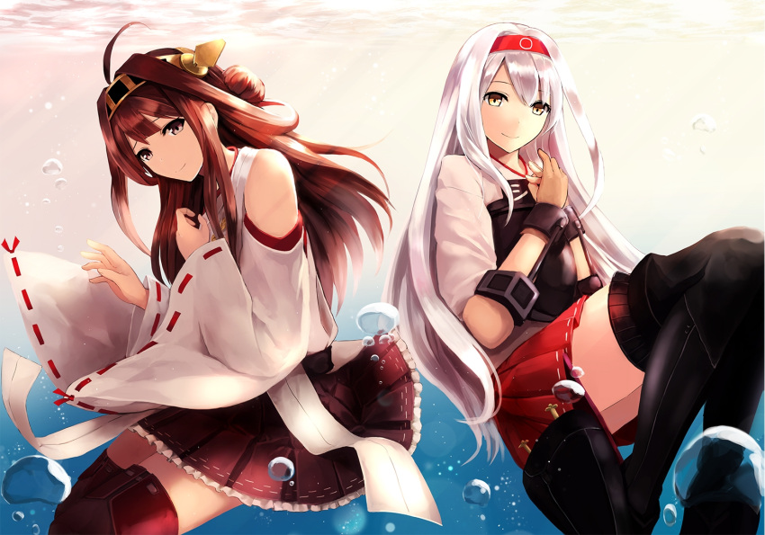 1girl 2girls akabane_rin arms_behind_back black_boots black_eyes black_skirt boots breasts brown_hair bubble day eyebrows_visible_through_hair frilled_skirt frills hair_between_eyes hairband hakama hakama_skirt japanese_clothes kantai_collection kimono kongou_(kantai_collection) long_hair looking_at_viewer miniskirt multiple_girls outdoors pleated_skirt red_hairband red_hakama ribbon-trimmed_sleeves ribbon_trim shoukaku_(kantai_collection) silver_hair skirt smile smule thigh-highs thigh_boots underwater very_long_hair white_kimono yellow_eyes yellow_hairband