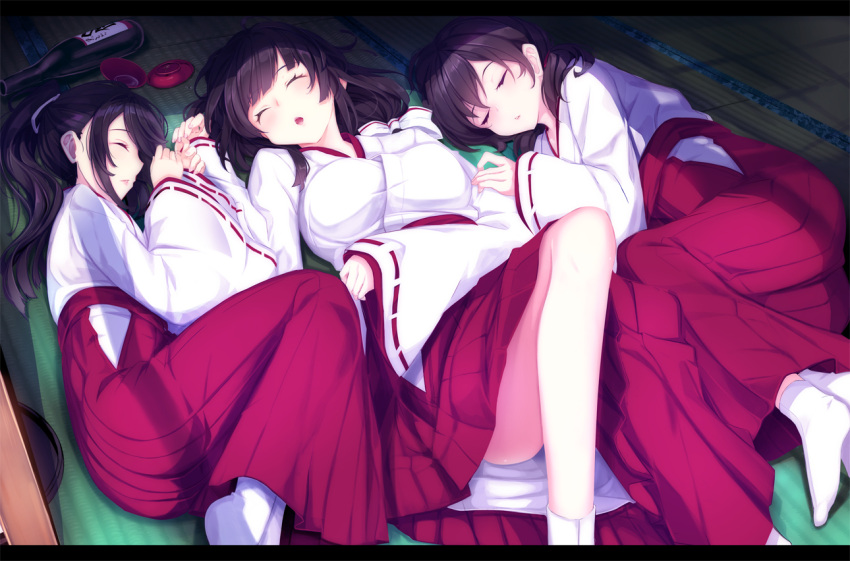 3girls ^_^ alcohol bangs black_hair blush breasts closed_eyes cup eyebrows_visible_through_hair hakama hands_up haruka_natsuki indoors japanese_clothes knee_up large_breasts long_hair long_skirt lying miko multiple_girls on_back on_side open_mouth original parted_lips pleated_skirt ponytail red_skirt ribbon-trimmed_sleeves ribbon_trim sakazuki sake sidelocks skirt sleeping socks tabi tatami thighs white_legwear