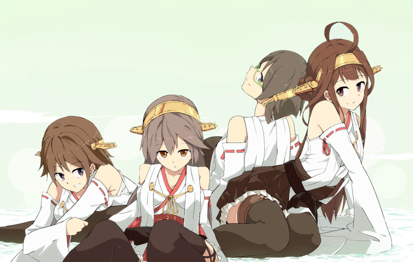 4girls ahoge arm_support belt black_eyes black_legwear black_skirt breasts brown_eyes brown_hair cleavage collarbone detached_sleeves eyebrows_visible_through_hair green-framed_eyewear green_background grey_hair grin hair_between_eyes hakama haruna_(kantai_collection) hiei_(kantai_collection) highres japanese_clothes kantai_collection kimono kirishima_(kantai_collection) kongou_(kantai_collection) long_hair looking_at_viewer looking_back lying medium_breasts multiple_girls on_stomach parted_lips ribbon-trimmed_sleeves ribbon_trim sarashi short_hair sitting skirt sleeveless sleeveless_kimono smile thigh-highs tomato_(lsj44867) very_long_hair white_kimono yellow_hairband zettai_ryouiki