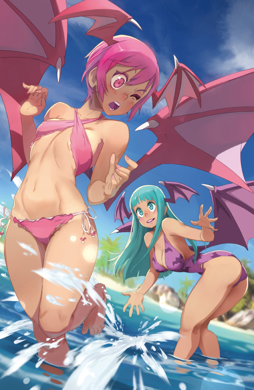 2girls absurdres ass barefoot bat_wings beach bent_over bikini breasts cleavage criss-cross_halter dark_skin demon_girl flat_chest green_eyes green_hair halterneck head_wings highres large_breasts lilith_aensland long_hair midriff morrigan_aensland multiple_girls navel ocean one-piece_swimsuit one_eye_closed pink_eyes pink_hair pink_swimsuit print_swimsuit purple_swimsuit short_hair side-tie_bikini splashing succubus swimsuit tan vampire_(game) wings xavier_houssin