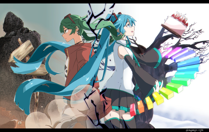 2girls apple_tree back-to-back blue_eyes blue_hair bomber_jacket cake detached_sleeves dual_persona earrings expressionless food green_eyes green_hair hatsune_miku jacket jewelry letterboxed long_hair multiple_girls necktie open_mouth road_sign rubble sign skirt smile suna_no_wakusei_(vocaloid) sunglasses sunglasses_on_head thigh-highs tree twintails very_long_hair vocaloid wide_sleeves zettai_ryouiki