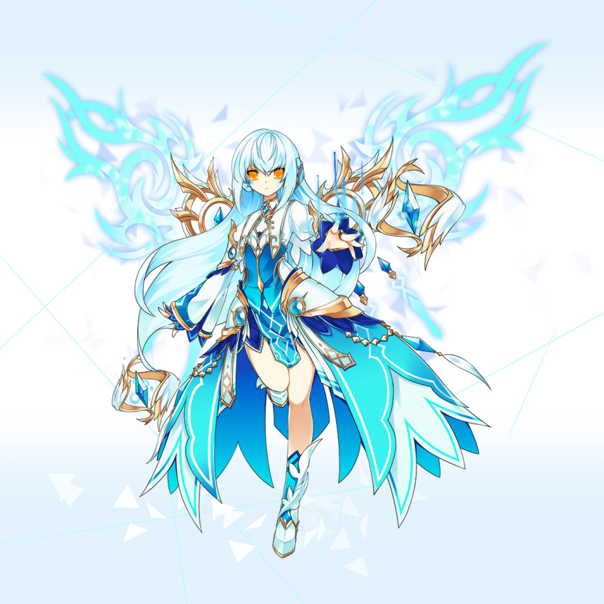 1girl alternate_costume blue_hair blue_skirt boots elsword eve_(elsword) expressionless full_body gem highres long_hair outstretched_hand skirt solo standing standing_on_one_leg vilor wings yellow_eyes